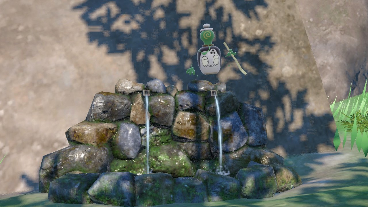A screenshot of Pokémon Scarlet & Violet: The Teal Mask with a smiling Poltchageist floating next to a rock fountain.