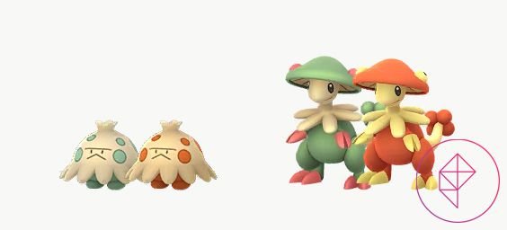 Shroomish and Breloom with their shiny forms in Pokémon Go.  Both turn orange-red instead of green.