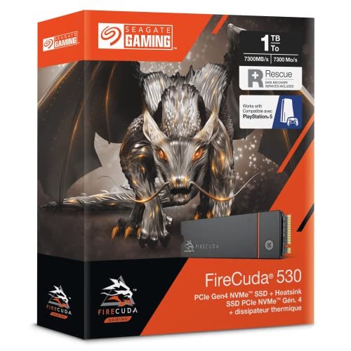 Seagate FireCuda 530, 1TB, Internal Solid State Drive - M.2 PCIe Gen4 ×4 NVMe 1.4, Transfer Speed ​​up to 7300MB/s, 3D TLC NAND, 1275TBW, Heatsink, 3 Year Salvage Service (ZP1000GM3A023)