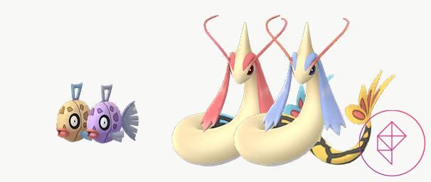 Shiny Feebas and Milotic with their original forms in Pokémon Go. Feebas turns purple and Milotic turns gold and blue.