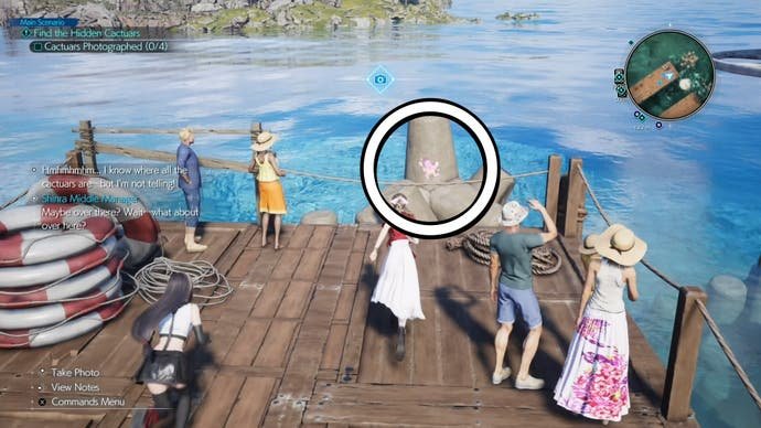 A white circle around the pink cactuar depicted on the structure that pops out of the water at the end of the pier in Final Fantasy 7 Rebirth.
