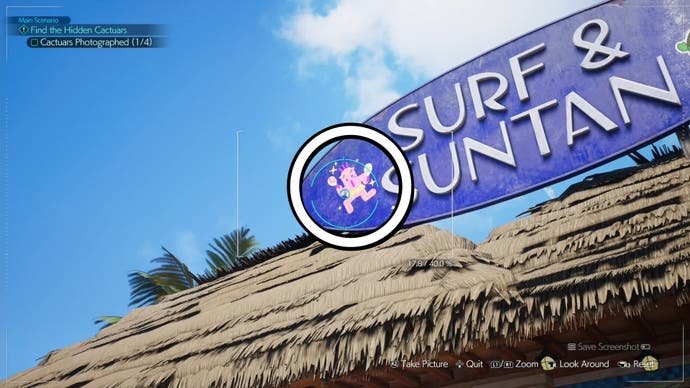 A white circle around a pink cactuar depicted on a blue business sign in Final Fantasy 7 Rebirth.