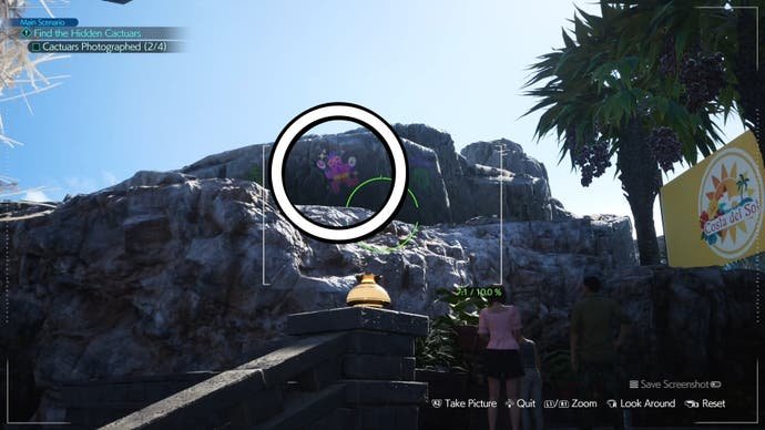 A white circle around a pink cactuar depicted in the distance on a cliff in Final Fantasy 7 Rebirth.