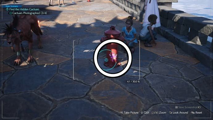 A white circle on a red fire hydrant with a picture of a pink cactuar and some kids sitting next to it in Final Fantasy 7 Rebirth.