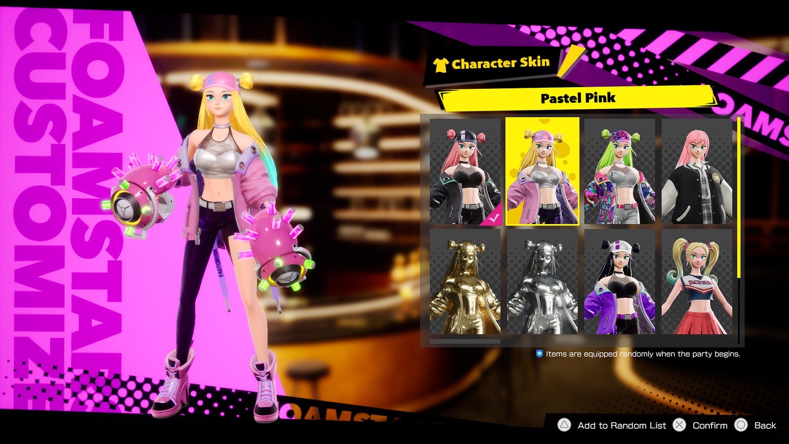 This is the Foamstars Customize screen for Soa. The character is standing on the left, with several options of different outfits on the right. Soa is wearing a pastel pink outfit. You can choose to randomly choose her outfit at the start of the match.