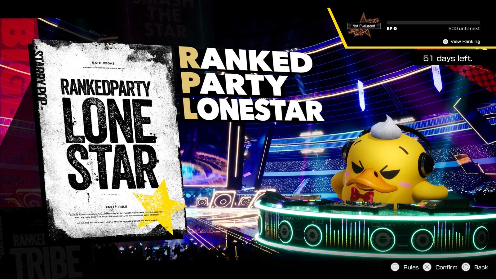 Menu screen for Lonestar ranked mode. This text will appear on the left side of the screen. On the right sits a gorgeous rubber duck behind the DJ booth. The duck is adorned with a red bow tie and headphones. On his head is a cute gray feather. Above this fancy DJ is additional information in text form: