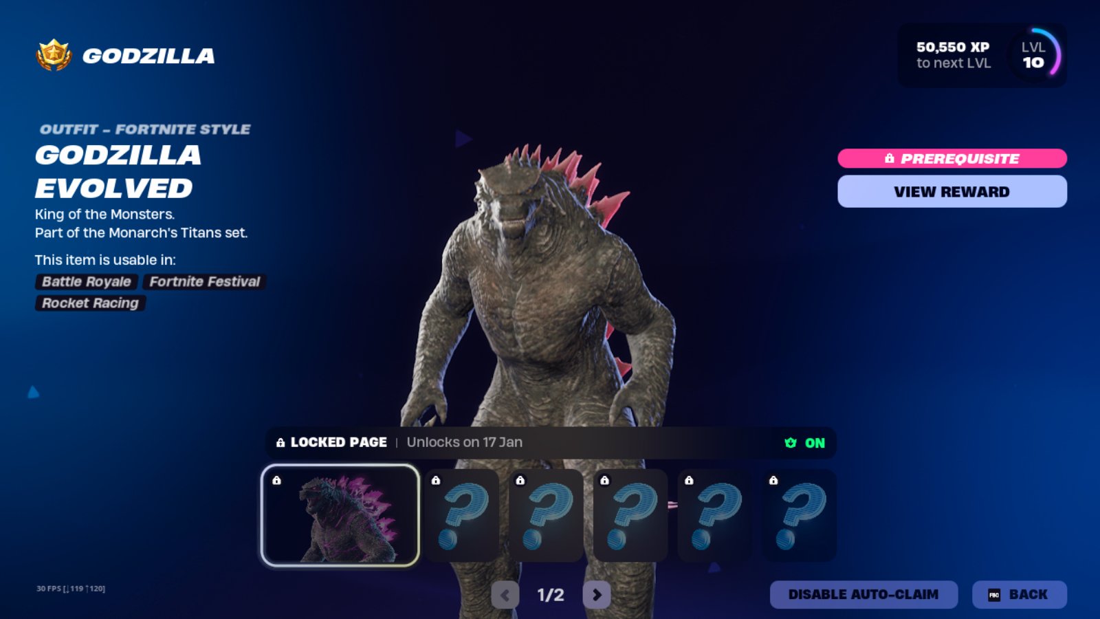 Fortnite Chapter 6 Season 1 Battle Pass Godzilla Page 1 Rewards.