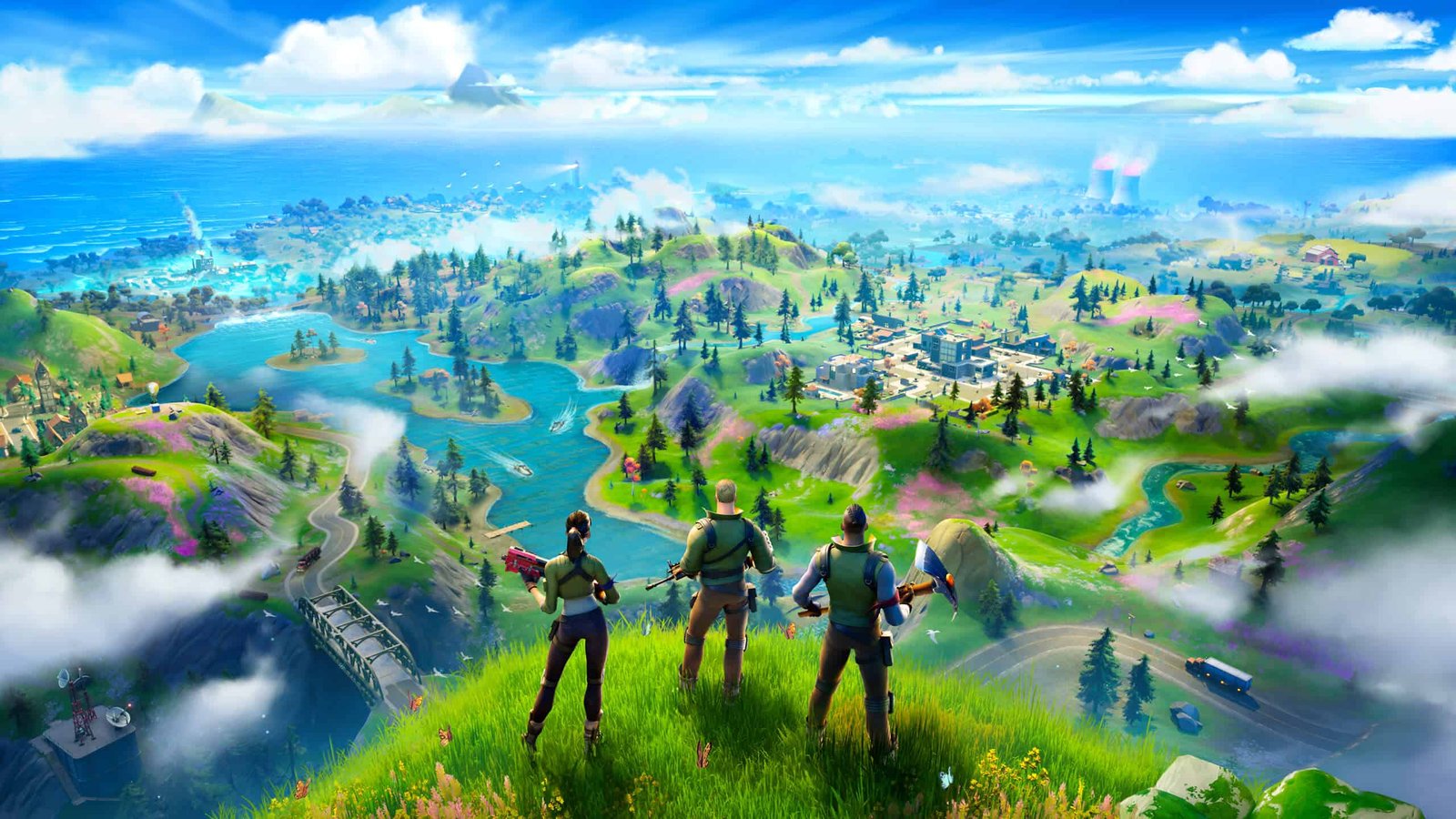 Three characters overlooking a bright, lush video game landscape with rivers, fields and distant cities under a clear blue sky.