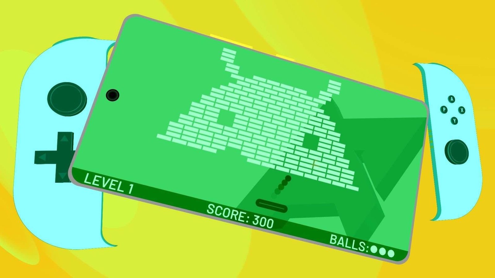 An illustration showing an Android phone with an Android mascot and two controllers