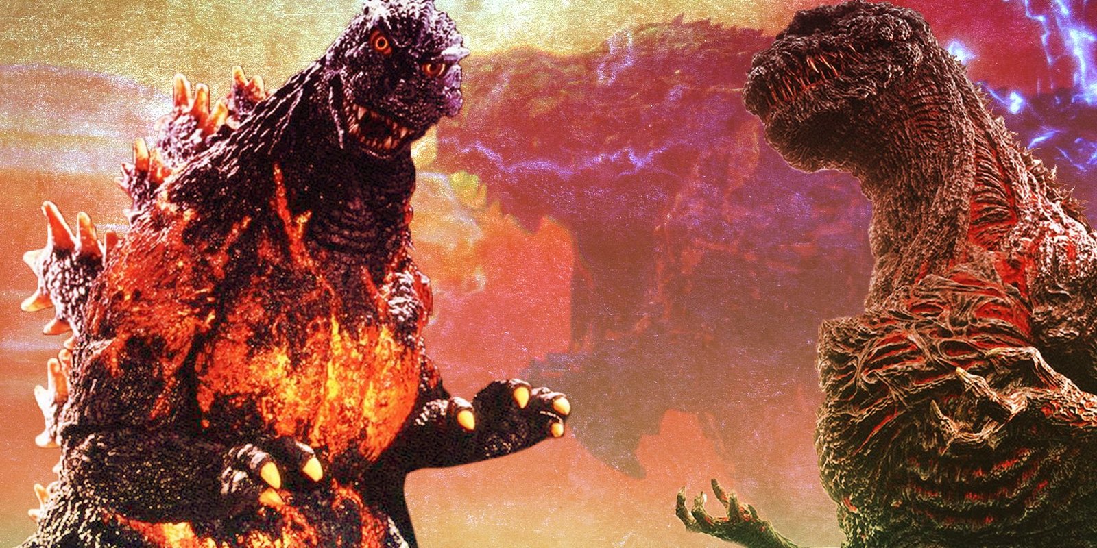 A collage of different versions of Godzilla on a faded orange background