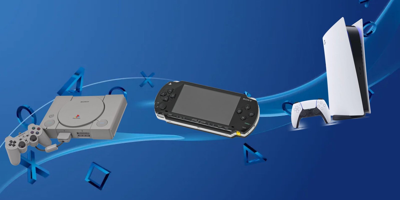 PlayStation Consoles Collage, such as PSX, PSP and PlayStation 5.