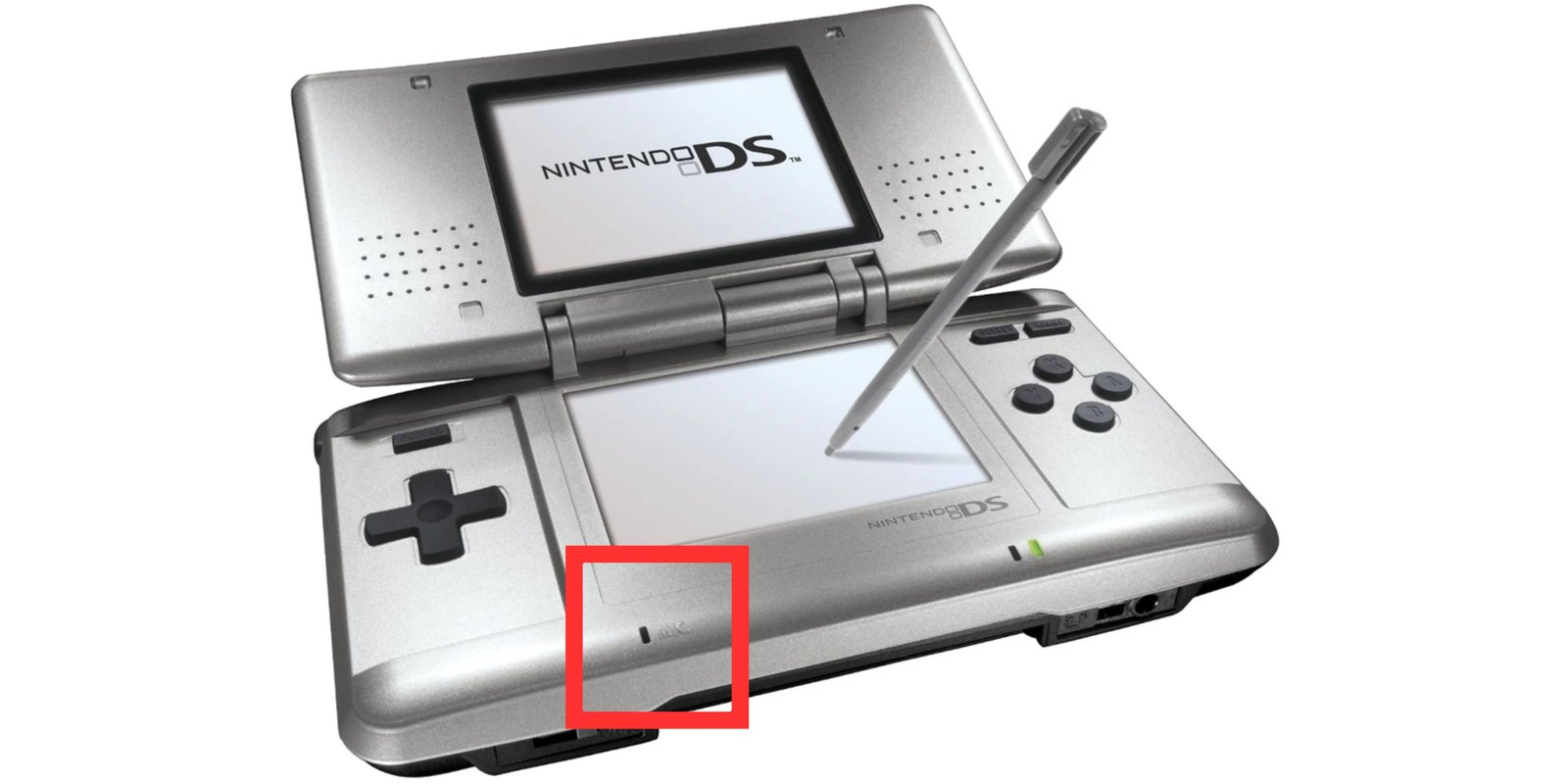 Nintendo DS is shown on a white background with a red square around its microphone.