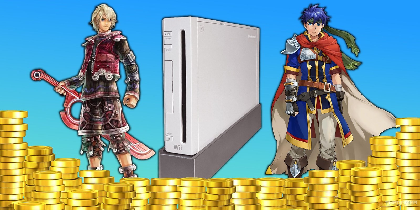 Sholk and Ik stand on either side of Nintendo Wii, and surrounded by gold coins.