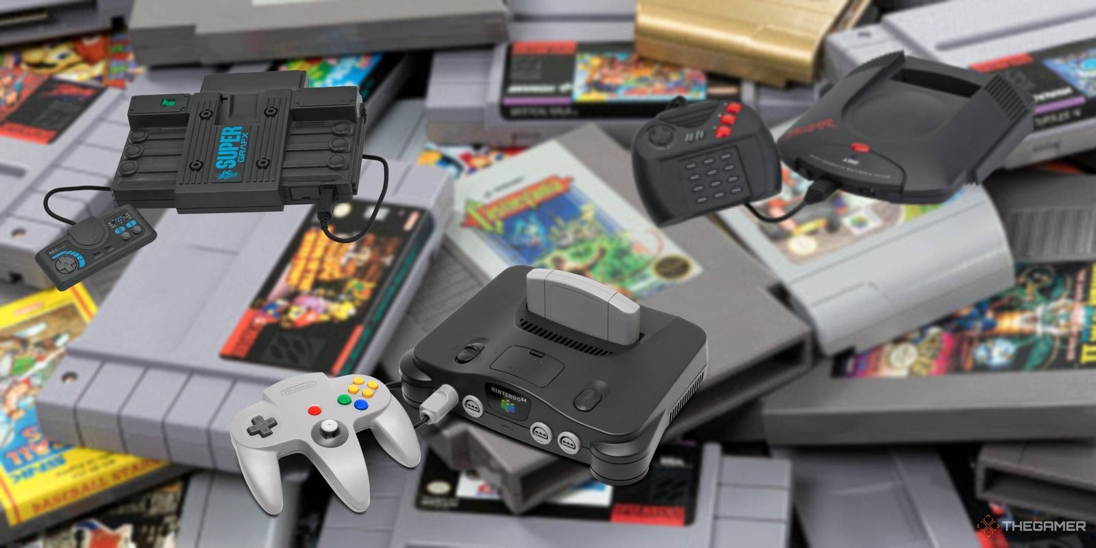 Three consoles imposed on blurred cartridges.