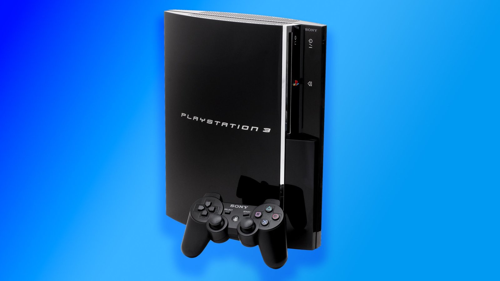 Sony PlayStation 3 on a blue background.