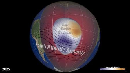 The visualization of the southern Atlantic anomaly between 2015 and 2025, which is generated by NASA, which shows how the intensity of the magnetic field is developing in the region.