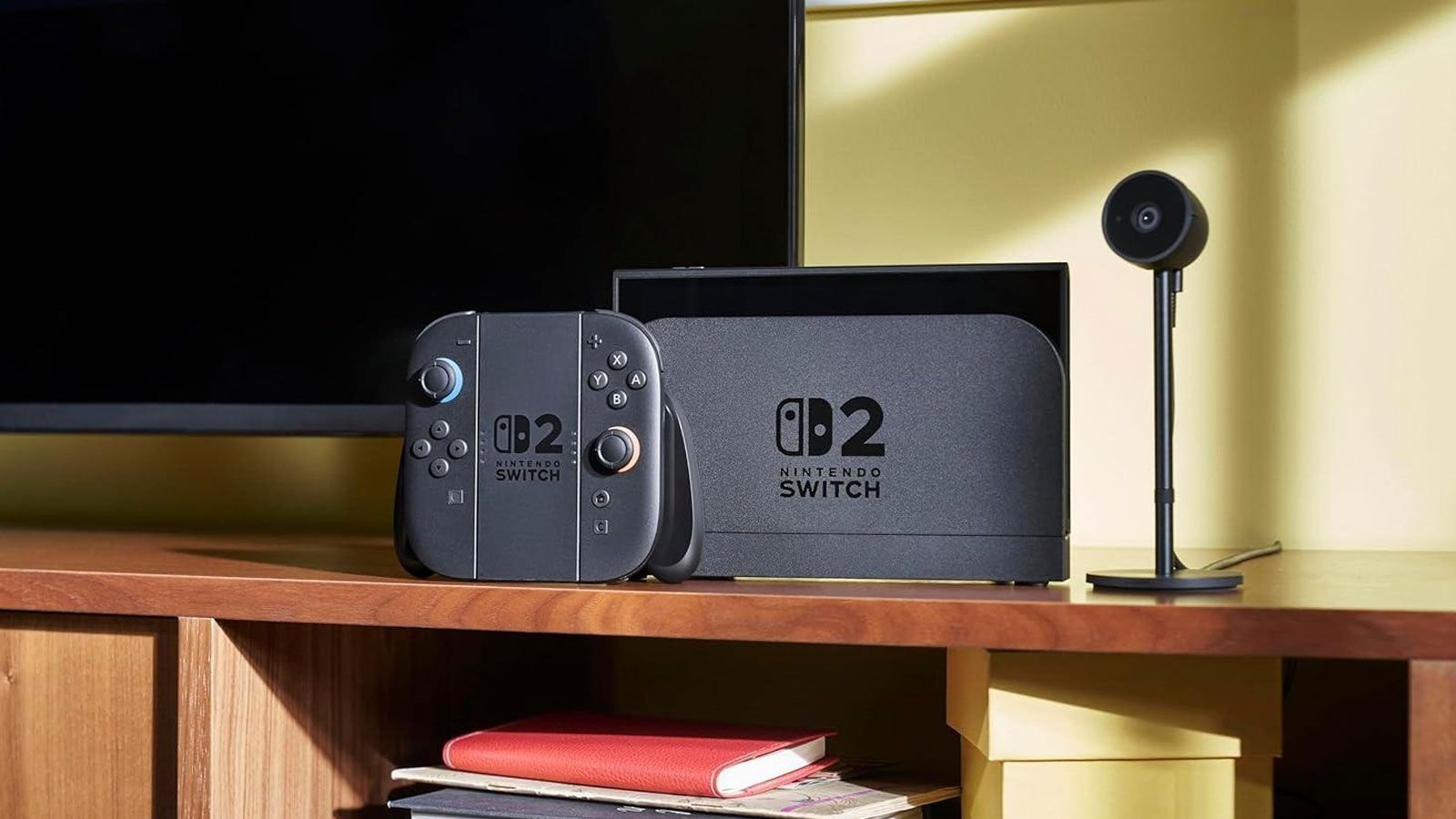 The official advertising image of the Nintendo Switch 2 console on its basis, with Joy-Conados Controls, which shows the design revealed in the presentation of April 2025.