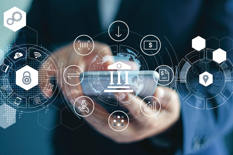 A businessman that uses mobile online banking and payments, digital marketing. Financial and bank networks. Internet stores and customer connection on the virtual screen, cybersecurity. Business Concept