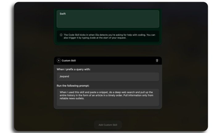Create skills in the Dia browser.