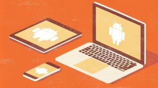 Illustration of a laptop, mobile phone and tablet running Android