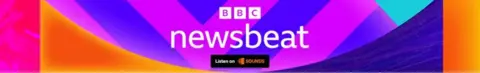 Footer logo for BBC Newsbeat. It features the BBC logo and the word Newsbeat in white on a colorful background of purple, violet and orange shapes. Below is a black square that indicates 