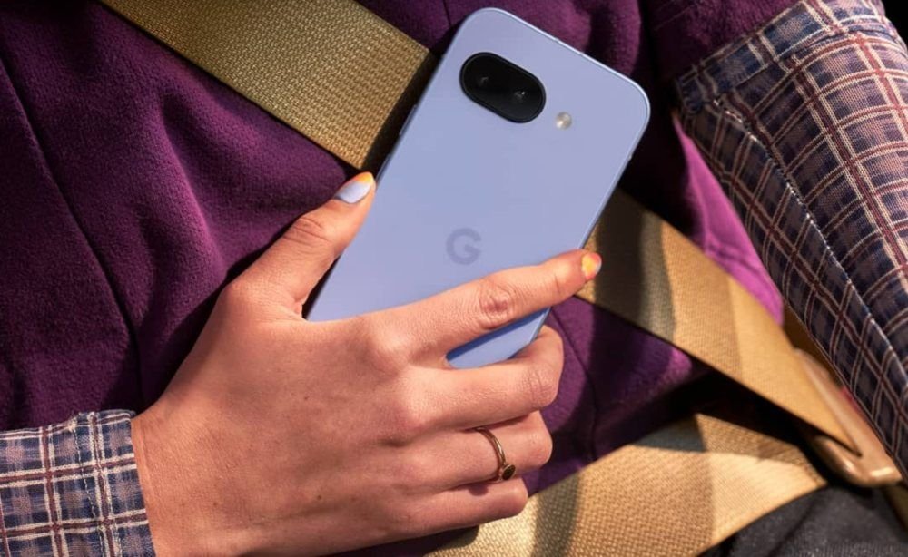 Front and profile views of the Google Pixel 9a smartphone in blue, showing off its design with redesigned aluminum bezels and a horizontal camera module