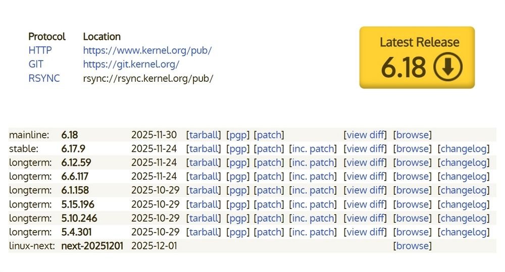 The Linux kernel website where we see a button to download version 6.18 and a version history.