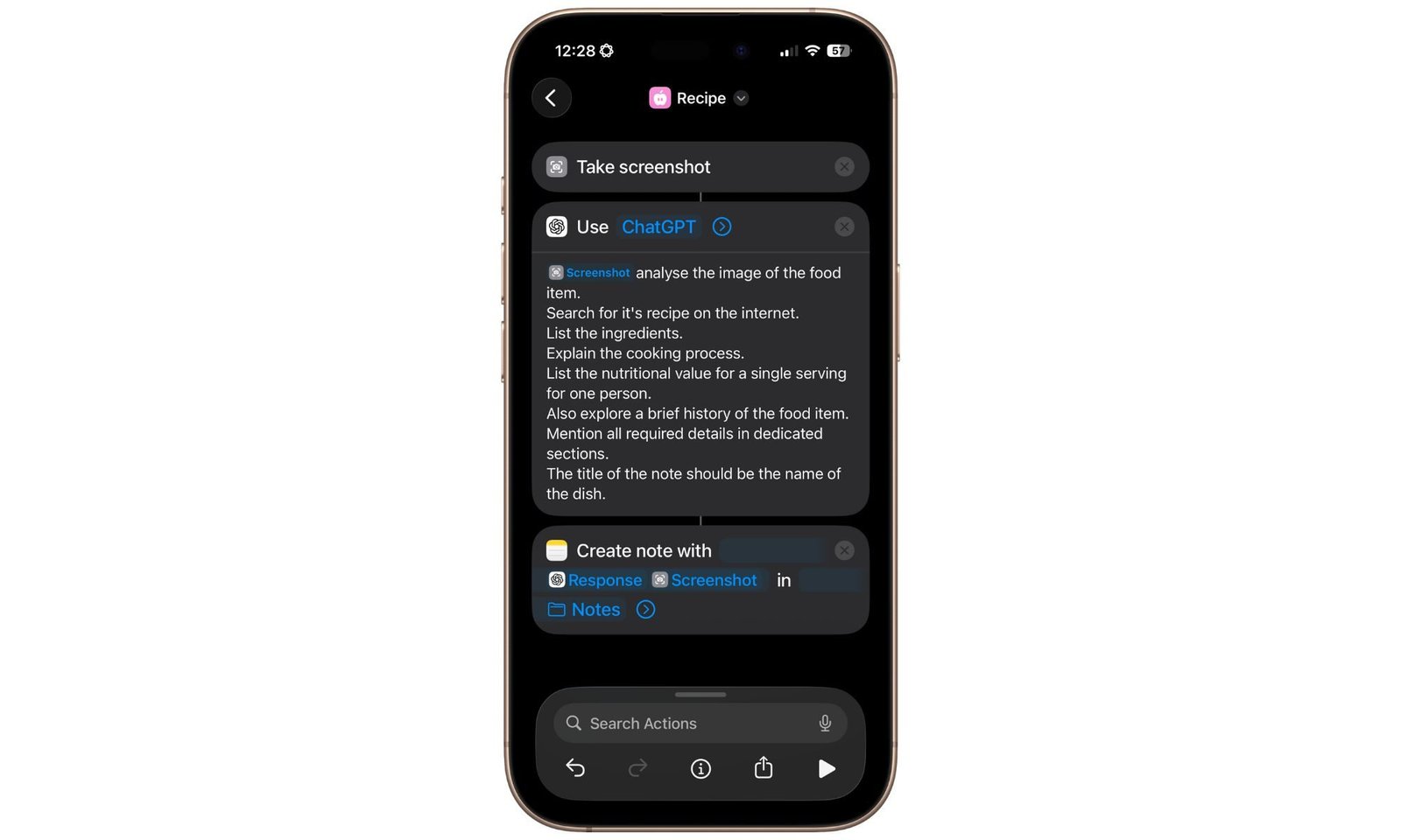 Customize a recipe shortcut on iPhone 17 Pro.