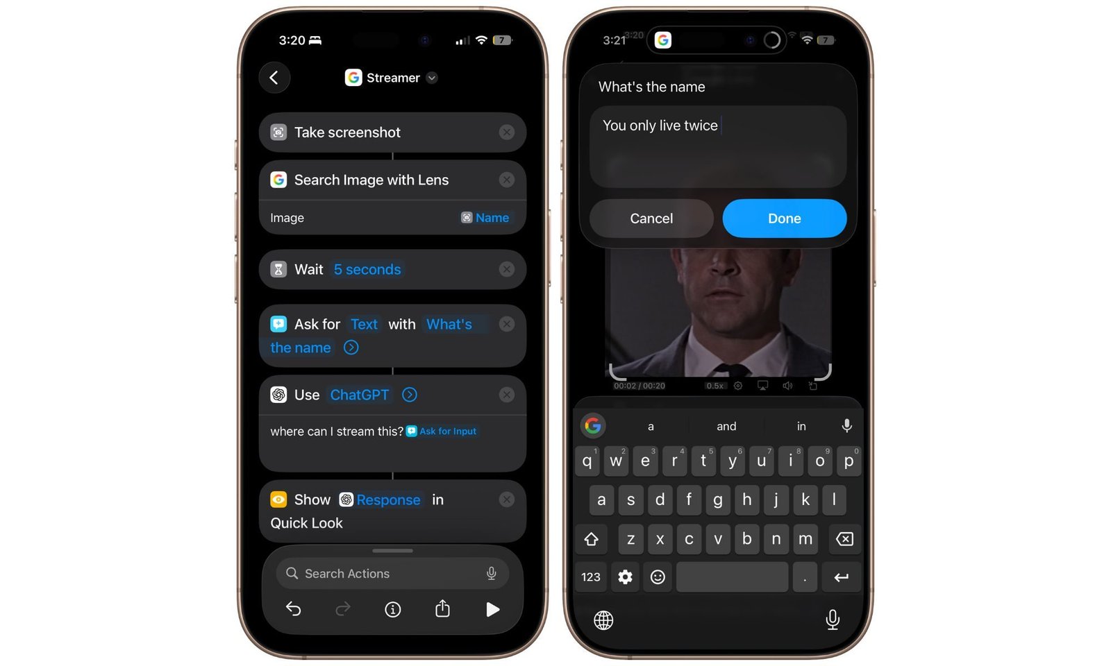 Custom shortcut action on iPhone 17 Pro.