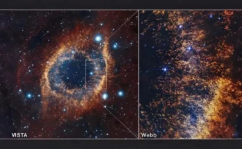 A zoomed-in James Webb Space Telescope image of the Helix Nebula, showing layers of blue, yellow, and red gas resembling fiery pillars and knots.