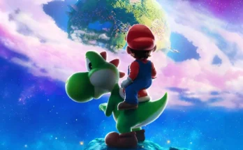 Mario riding Yoshi in the new Super Mario Galaxy movie trailer, with Rosalina and Lumas in the background