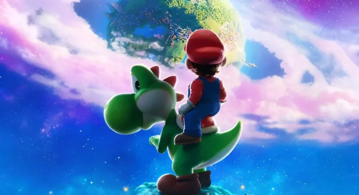 Mario riding Yoshi in the new Super Mario Galaxy movie trailer, with Rosalina and Lumas in the background