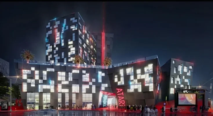 Renderings of the proposed Atari Hotel in Phoenix, featuring the iconic Fuji logo and neon lighting.