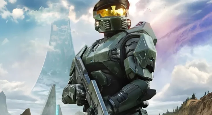 Steve Downes, the voice actor for Master Chief, speaking into a microphone during a recording session