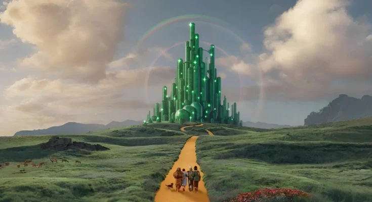 The exterior of the Sphere in Las Vegas displaying The Wizard of Oz imagery, with large crowds gathering for the show